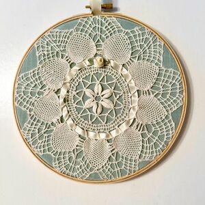 Handcrafted 7” Cluny Doily Hoop Art, Celery Moire Fabric, Cream Ribbon with Rose